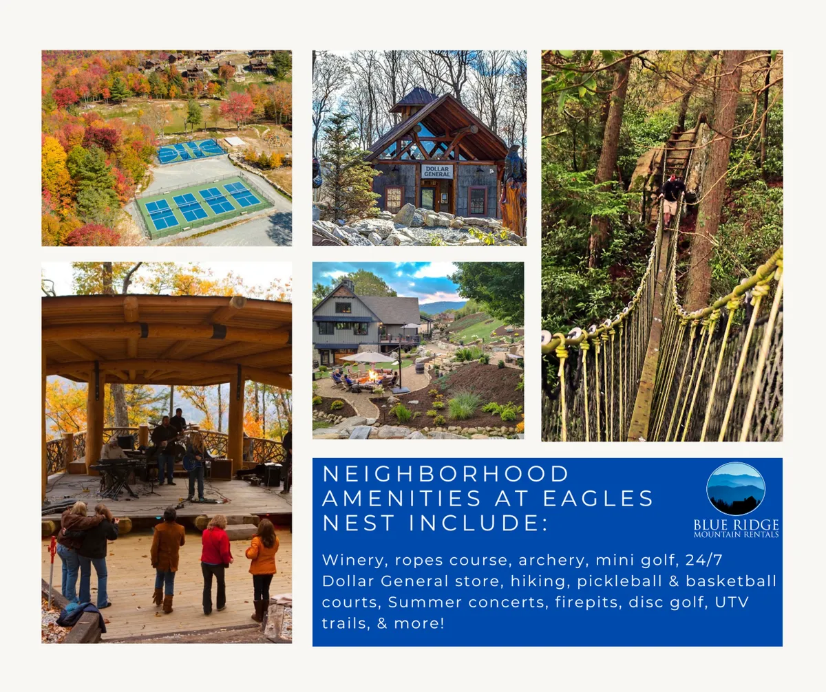 A vibrant community area showcasing an outdoor amphitheater, luxury lodge building, ropes course, and pickleball courts, all backed by scenic mountain views. The scene pulses with activity, including live music performances and group gatherings.